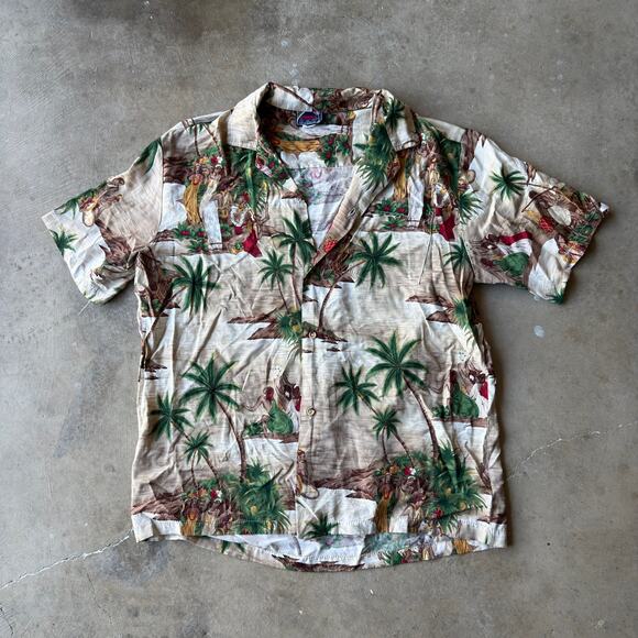 VINTAGE 80S HAWAIIAN OHANA BUTTON UP SHIRT FLORAL PRINT PALM TREES MENS XL - Picture 1 of 6